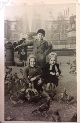 Maggie (right) at Trafalgar Square with her older brother Chris & sister Mary