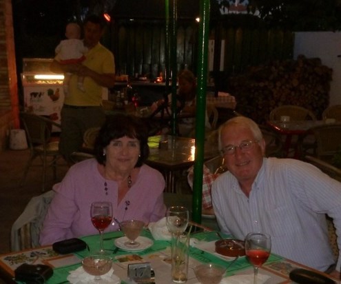 Jen & Dave enjoying a meal and a drink in Menorca May 2014.