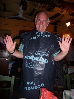 A very wet evening in Crete. Bin bags supplied by the restaurant.