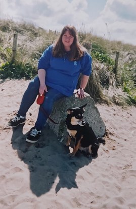 Sue with our beautiful pooch, Sammy. Bude, Cornwall - one of her favourite places.