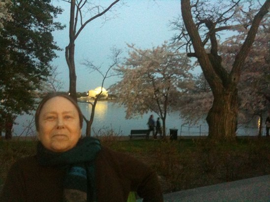 Roberta with Cherry Blossoms and Thomas Jefferson Memorial in Background.