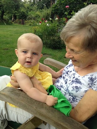 With her grandaughter Isobel in the garden at Longfield, 2013.
