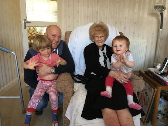 Nan with Paul, Great grandchildren David and Branwen 2019