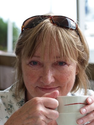 Jacqui enjoying coffee in Germany in 2009 and one of my favourite images of her