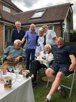 Richard, Nigel, Colin, Janet, Rob, Mary and Adrian in the garden at 215, 26th June 2021