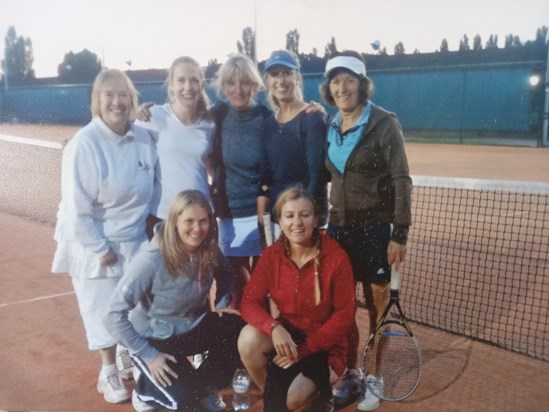 Sue, captain of Thistleworth tennis club women's 1st team with the team after a match. Summer 2016