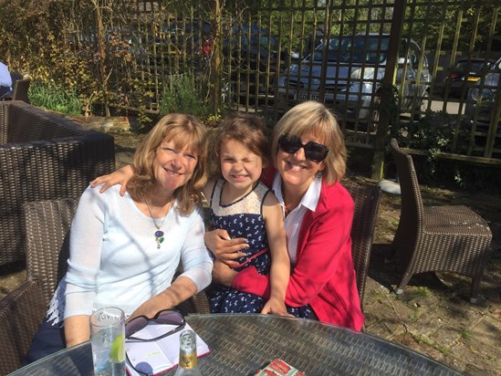Spring sun at Thames Court Shepperton  with Wendy and Ava
