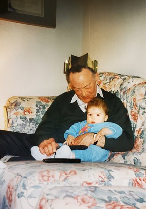 Dad with his grandson Joshua, his first Christmas 1997.