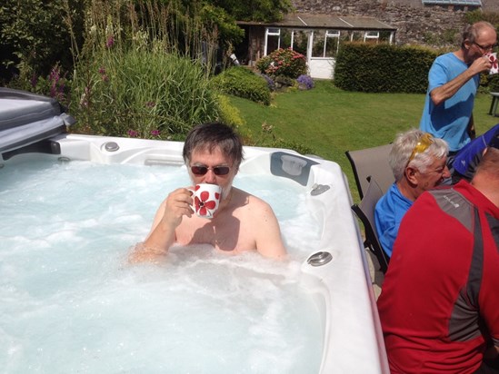 A drink in the hot tub after an energetic cycle ride.