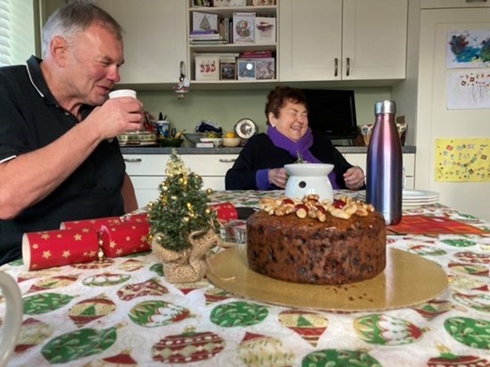 Heather & John with the famous Christmas cake made by Dad - she certainly found the cake funny :)