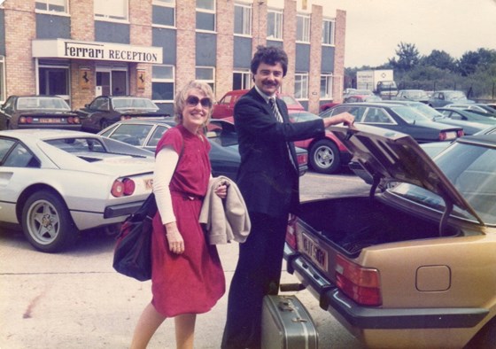 Sadly his car wasn't a Ferrari! Outside Maranello Offices with the lovely, late Jenny Churchhouse 1980
