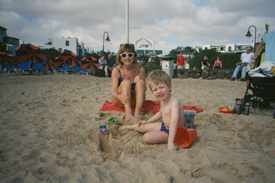 on the beach with Matt in 2001 in Lanzarote