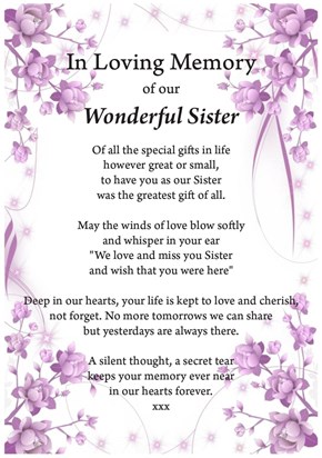 Our darling sister Lesley, with all our love Philippa, Christine and Margaret. You are so missed and will be forever in our hearts.