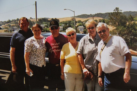 Red, Bev, Tom, Rose, Janet and Pete on a Limo ride to the city.