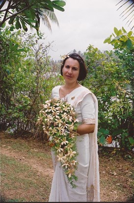 Karyn's wedding day dressed in a silk sari at the Kosgoda Beach Hotel in Sri Lanka, 2002