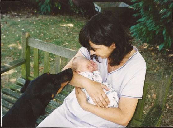 Karyn, baby Henry and Marley under the silver birch in Mingle Lane, Great Shelford, Cambridge, 2003