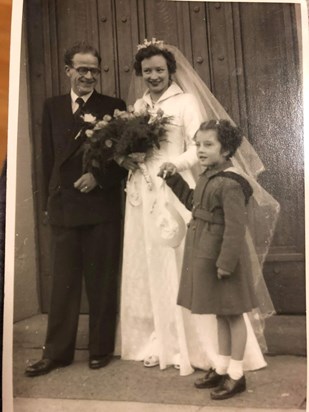 Moira and Trevor with niece Margaret, wedding day 23 October 1954