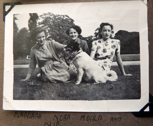 Barbara, Nora, Moira and Nip the dog (date unknown). I think Moira's dress shows her favourite flower: the rose.