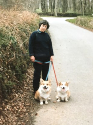Mum with her beloved corgis, Badger and Jessie