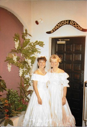 Shirley carrying out bridesmaid duties for Gill in 1989.