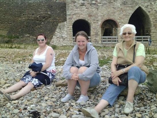 Amy, Lisa and Muriel on Lindisfarne.