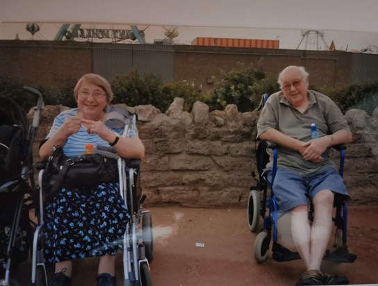 Geoff and Patricia in matching wheelchairs - pre Dad's Hip Replacement operation