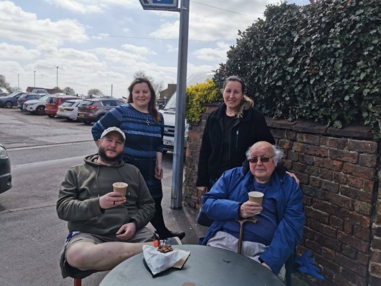 Last 79th birthday ice-cream - Dad with Claire, Alison and David 21 April 2021
