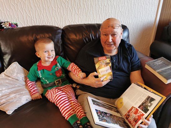 Grandad and Ethan Elf - with Geoff's favourites Liquorish Allsorts and a history book