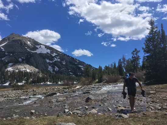 Marco taking the cooler way across the stream. Wind River Range WY