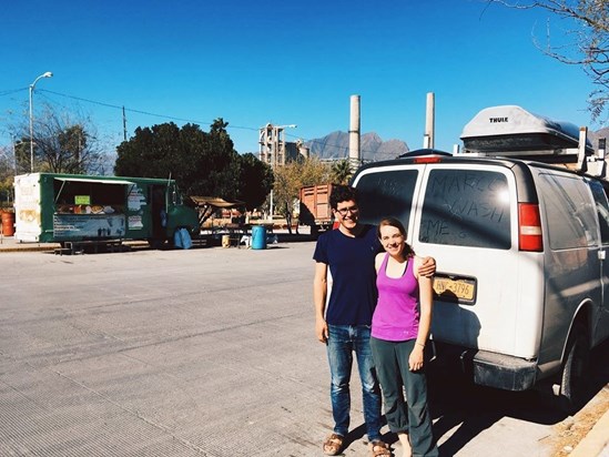 Marco and Emily and their dusty van before leaving Mexico in Jan 2018. 