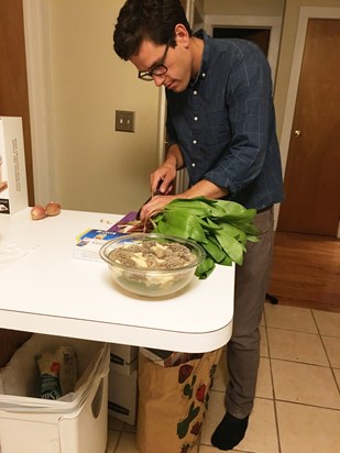 Marco preparing some foraged ramps and morels, April 2017