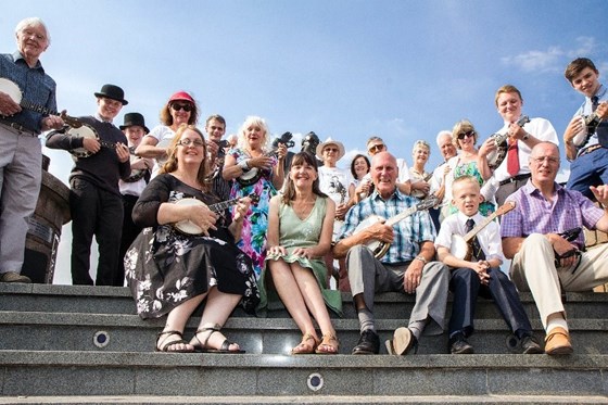 With just some of her many friends from the George Formby Society in Morecambe, July 2013.