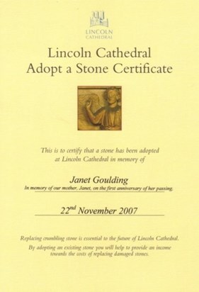 Adopt a stone certificate - Lincoln Cathedral