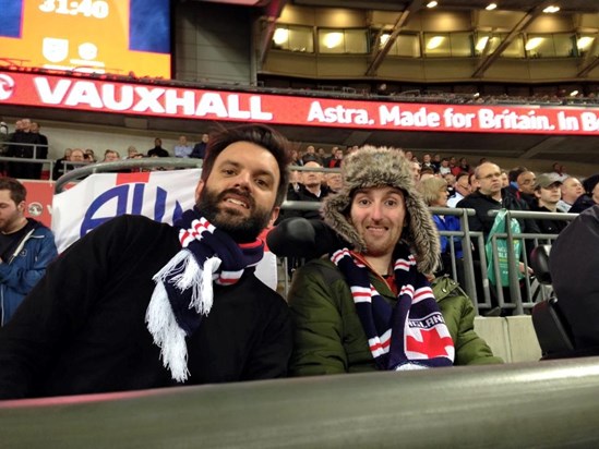 Supporting England with Alan at Wembley Stadium.