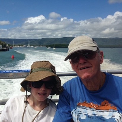 Dad and Aidan on boat to Great Barrier Reef 