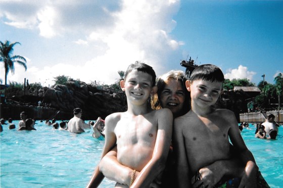 Kim with Owen and Evan in Orlando at Disney's Typhoon Lagoon