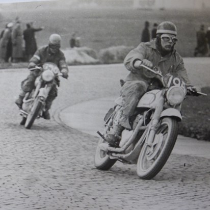 Don racing in Austria in the International six days trial. 1952