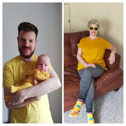 Joseph with Dad and Grandma marking "Wear yellow day" for CF week 2022, and thinking of Auntie Jojo ❤️