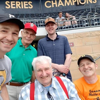 Attending a baseball game in Pittsburgh with Ian, Martyn, Jamie and Glen, June 2019