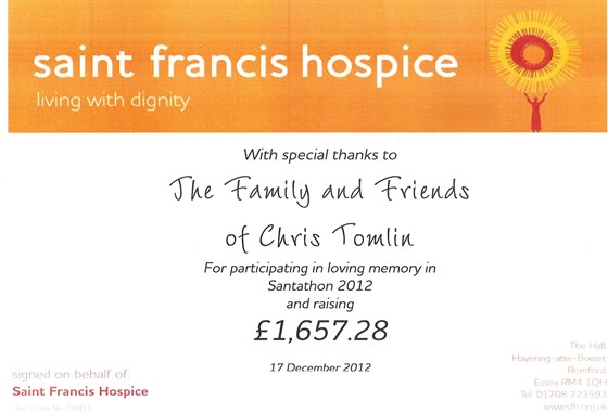 In Loving Memory of Chris Tomlin, Donation from Santa run 2012