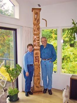 Bonnie Nuttall with Jack and a tall "totem"