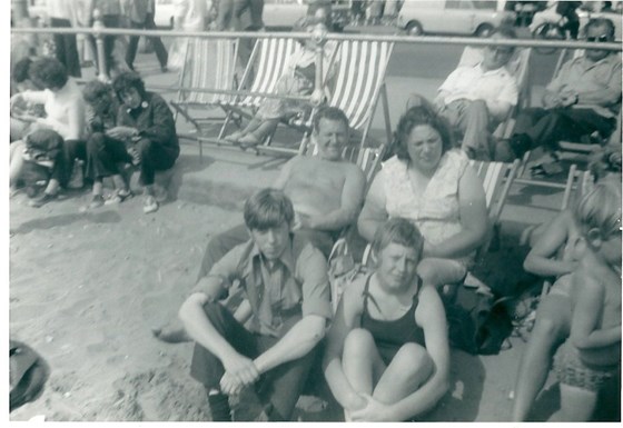 Cal, her Brother Allan, dad Joe and mam Kath in the 60's Probably at Redcar
