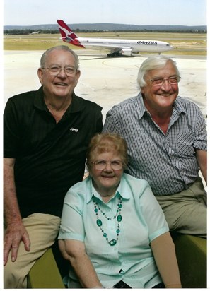 Arthur and Shirley EWEN with Capt Eric, their saviour, but more valued was Eric their mate at Perth Airport on one of their many catch ups