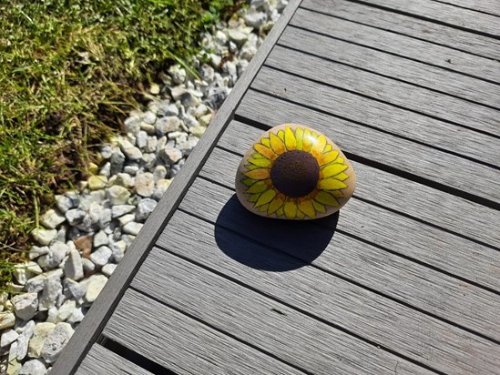 Sarah's stone, enjoying the sun on our deck!