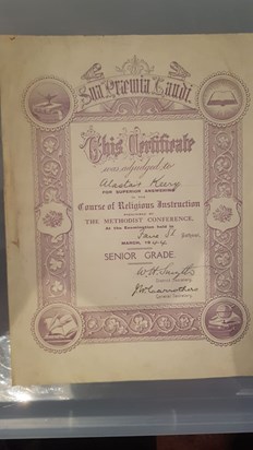 a certificate presented to our dad march 1944 in fane street school for religious instructions