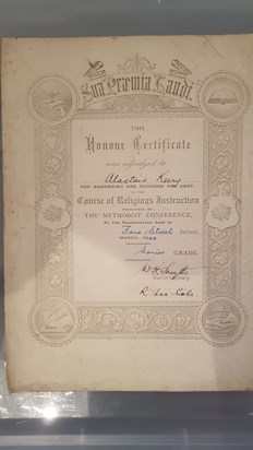 dads certificate,  religious instruction fane street school 1943 for answering one hundred per cent 