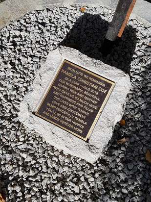The remembrance plaque on Pam's memorial garden