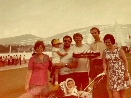 Chris Ball's sister (Cass), Alan with David, my brother in law (Michael), John and Chris with Nicky in the pram   Geneva   1973