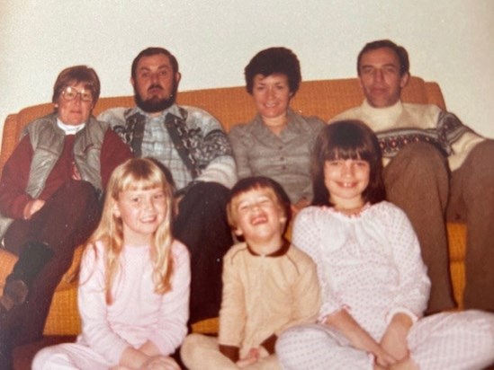 Chris B, Alan, Chris, John with Cheryl, Martin and Nicky in front   Riederalp   1982