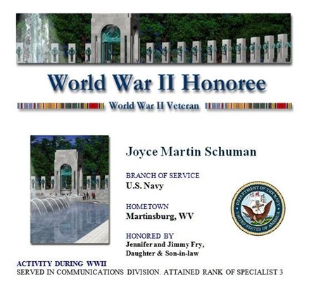Joyce Martin Schuman - WW2 Honoree - Washington, DC